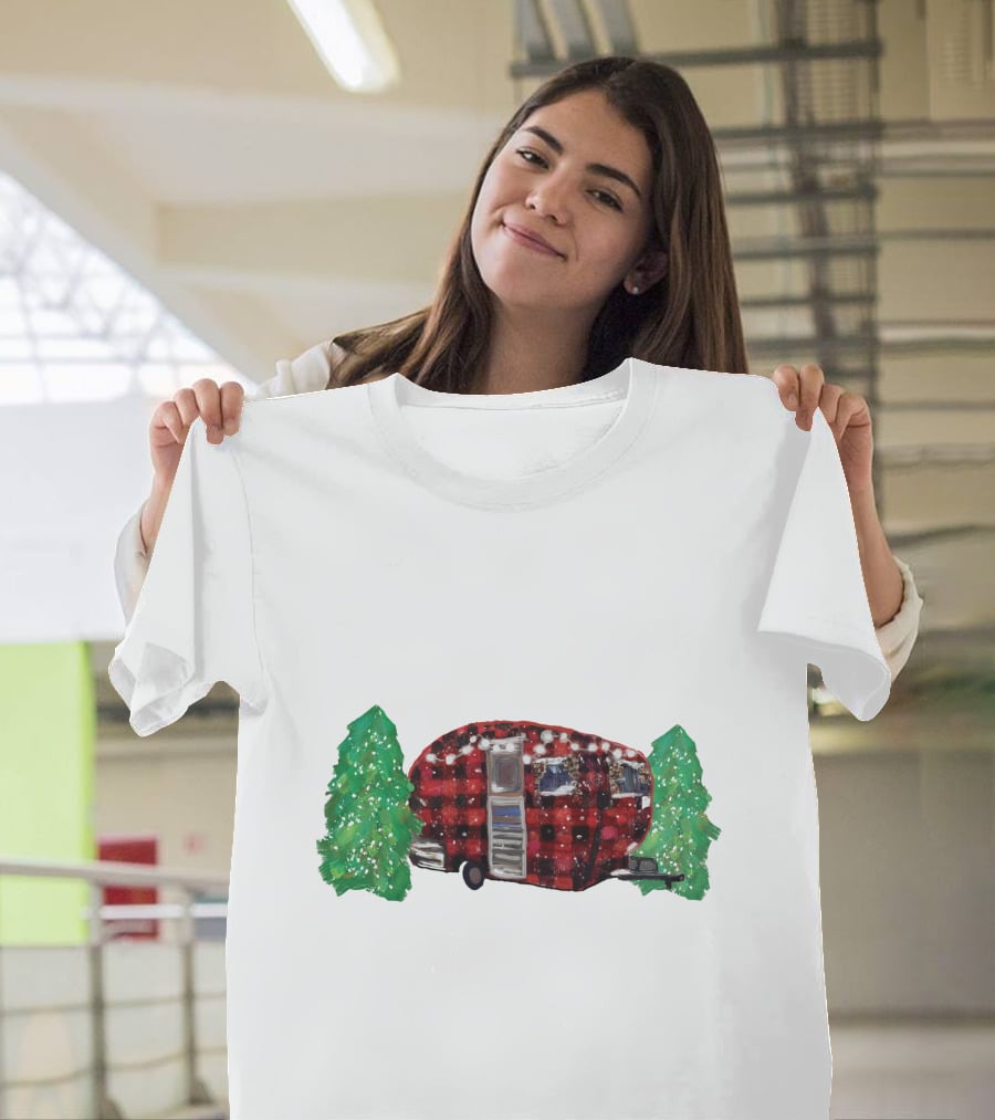 Watercolor Christmas Buffalo Plaid Camper With Trees T-Shirt