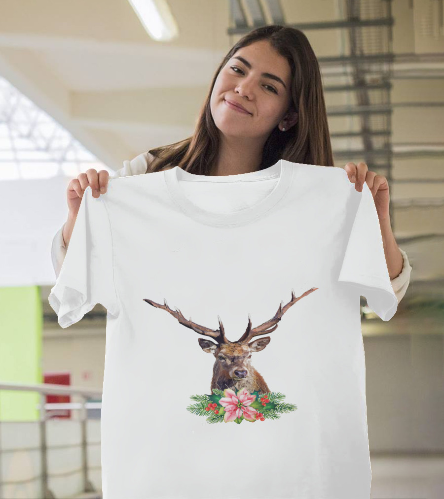 Watercolor Christmas Reindeer With Poinsettia And Pine Branches T-Shirt