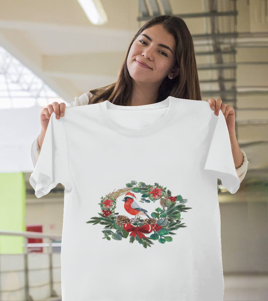 Watercolor Christmas Wreath with Bird and Holiday Decorations T-Shirt
