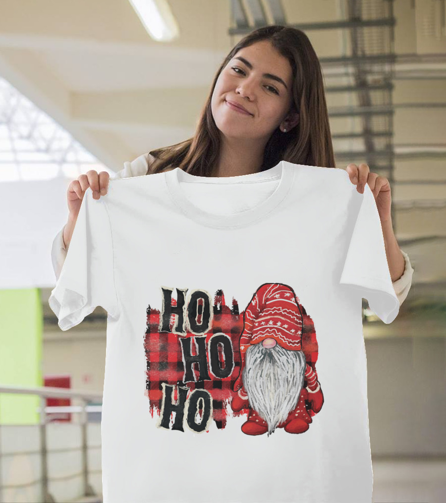 Watercolor Plaid Christmas Gnome Ho Ho Ho Red Holiday T-Shirt