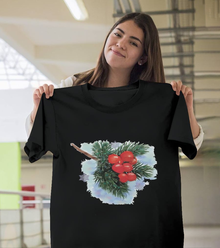 Watercolor Holiday Christmas Holly Berries Branch Pine Needles T-Shirt
