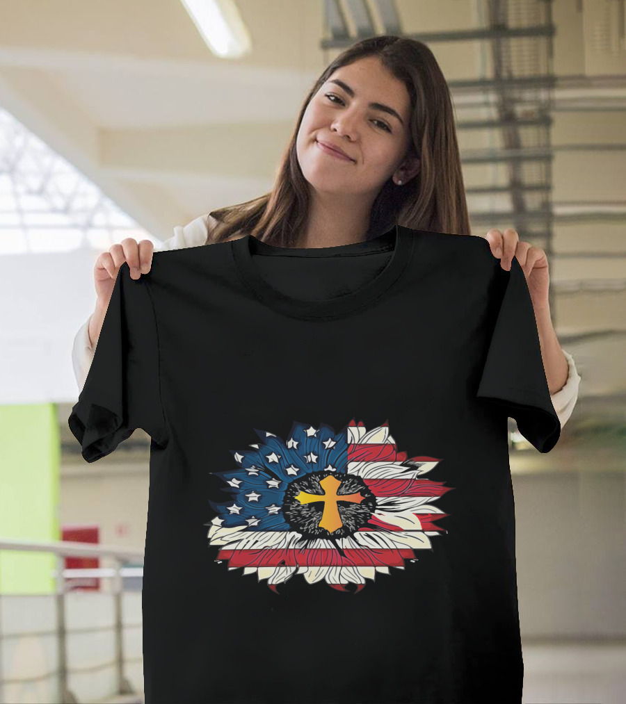 American Flag Cross Floral Design Sunflower Center T-Shirt