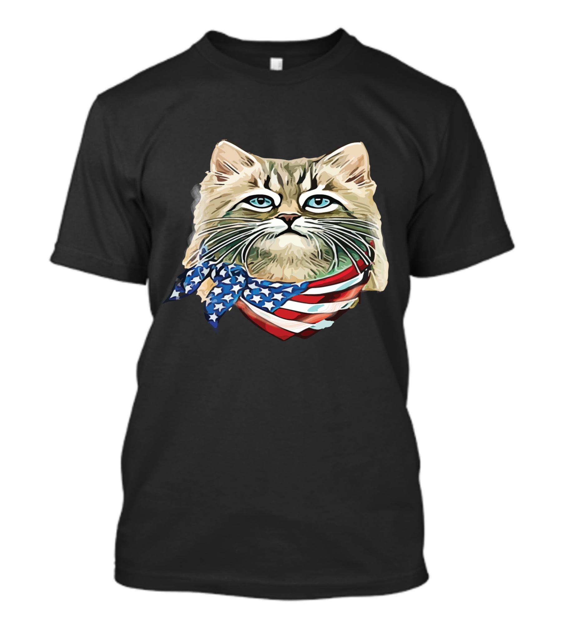 Fluffy Cat Wearing Stars And Stripes Flag Bandana T-Shirt