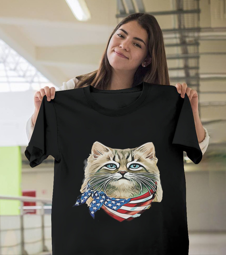 Fluffy Cat Wearing Stars And Stripes Flag Bandana T-Shirt