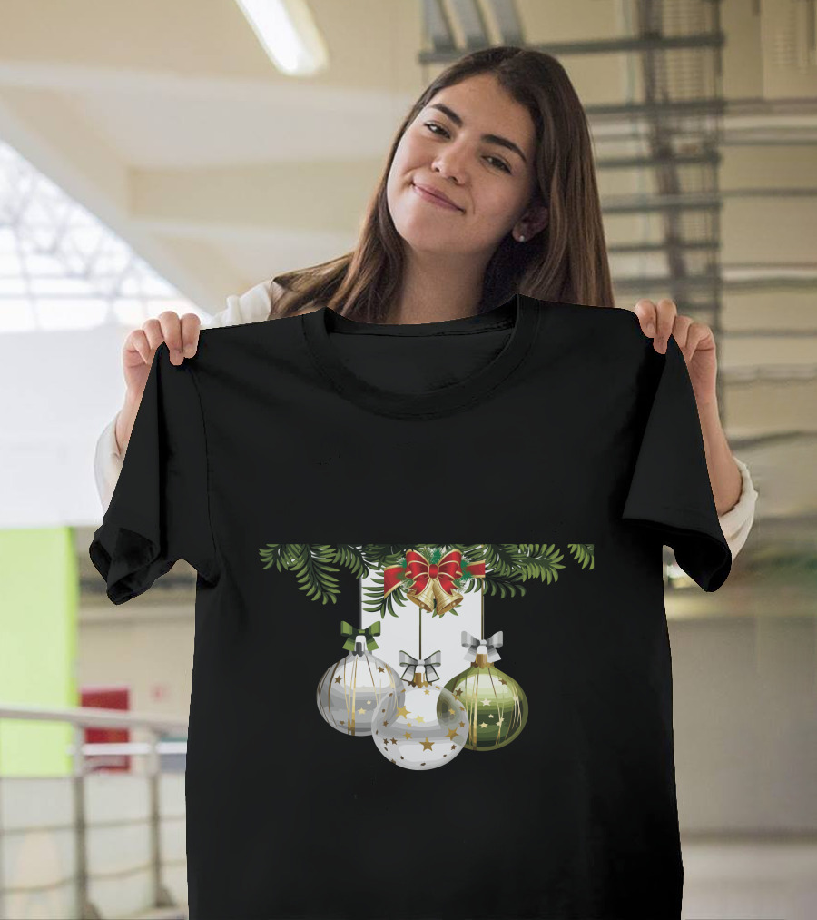 Holiday Christmas Balls Evergreen Branches Ribbons T-Shirt