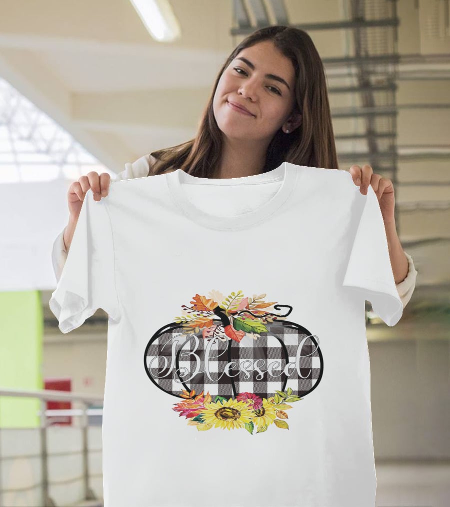 Blessed Buffalo Plaid Pumpkin With Sunflowers And Autumn Leaves T-Shirt