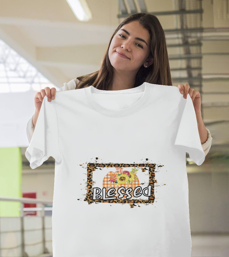Blessed Leopard Frame Plaid Pumpkin Sunflowers T-Shirt
