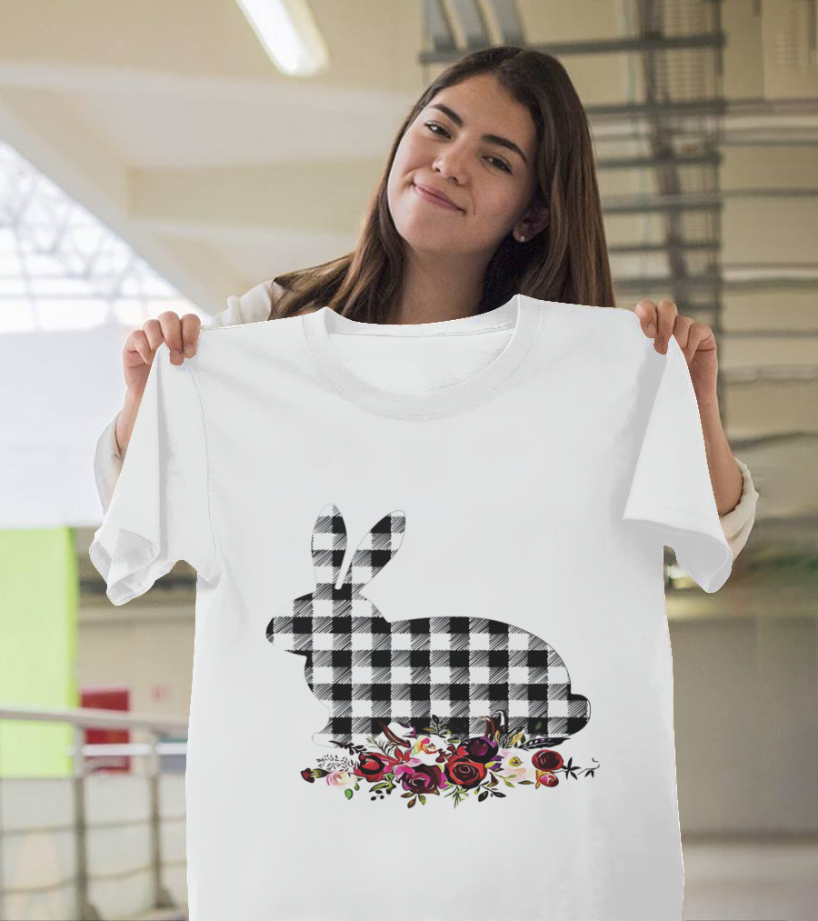 Bunny Black White Plaid Floral Roses T-Shirt