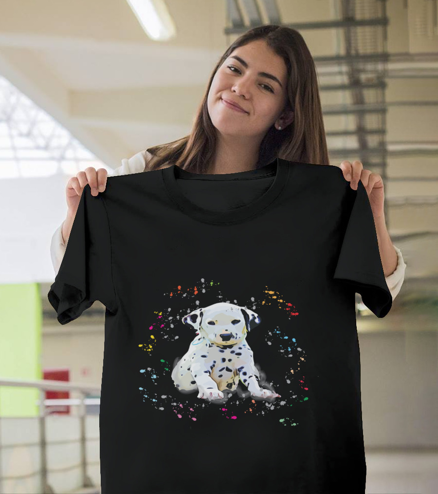 Dalmatian Puppy Surrounded by Splashes of Colorful Snow T-Shirt