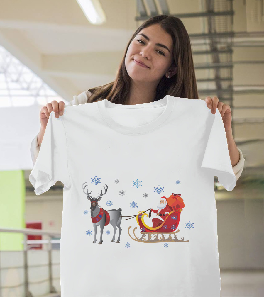 Christmas Santa with Reindeer and Sleigh Surrounded by Snowflakes T-Shirt