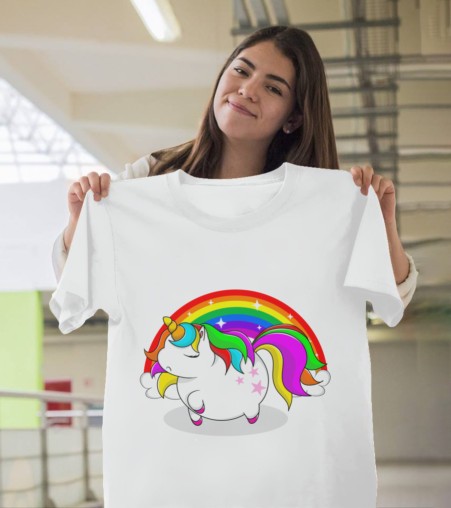 Cute Fat Unicorn With Rainbow Mane And Stars T-Shirt