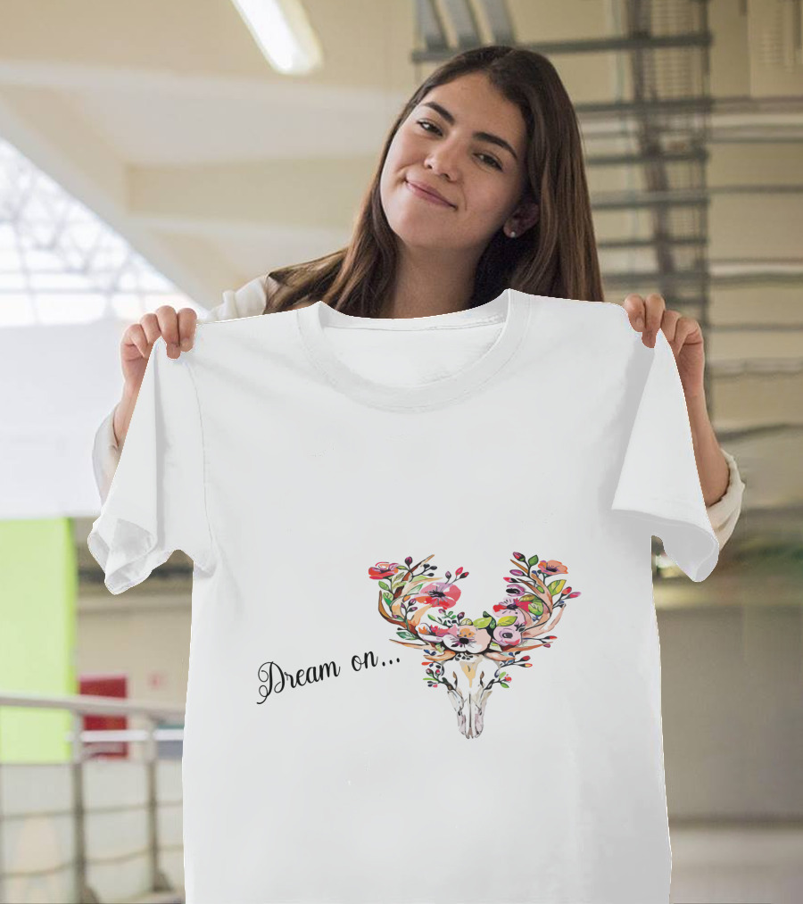 Dream On Deer Skull With Floral Antlers T-Shirt