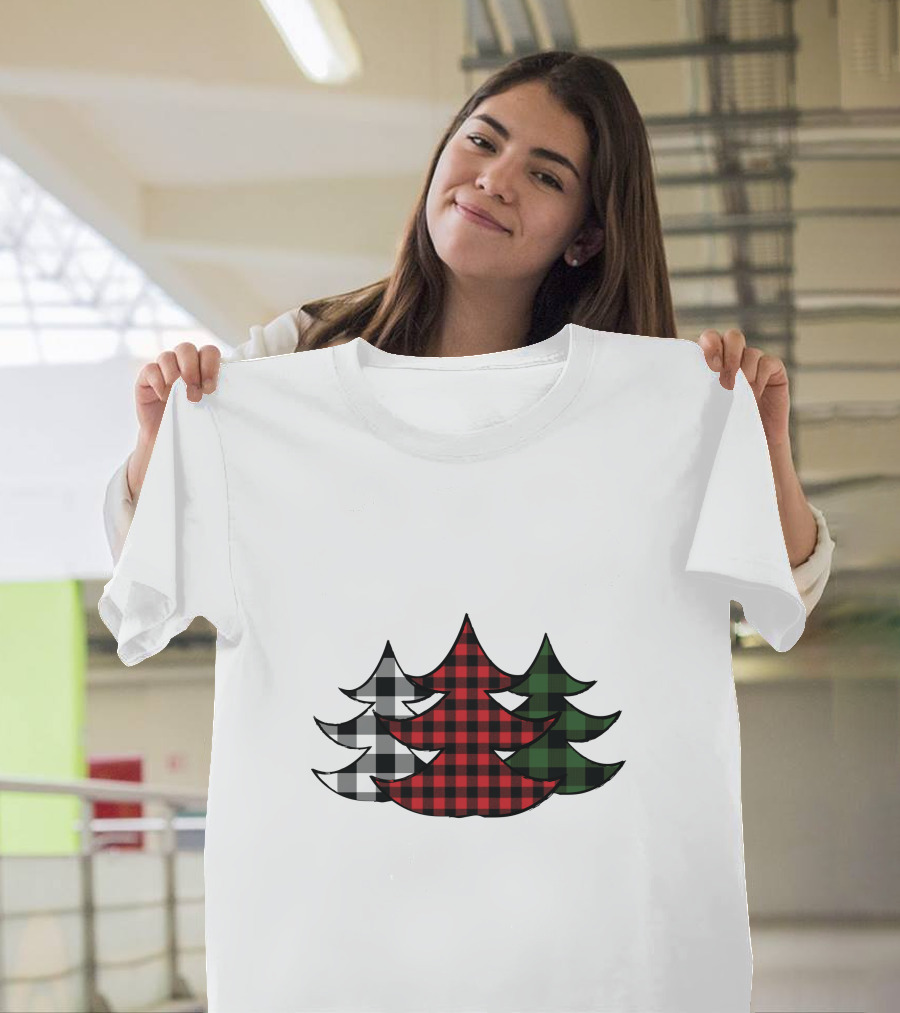 Plaid Christmas Tree Red Green Black White Xmas T-Shirt