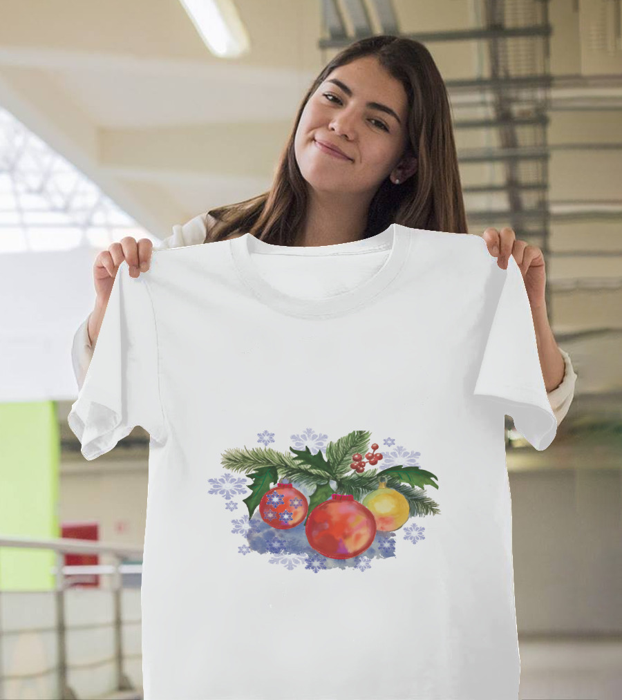 Watercolor Christmas Balls Ornaments With Pine Leaves And Snowflakes T-Shirt