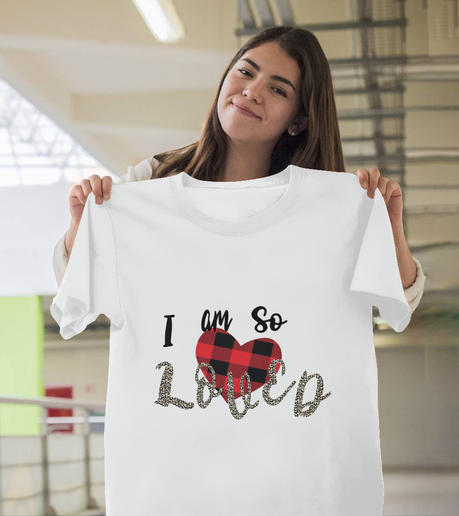 I Am So Loved Valentines Day Buffalo Plaid Heart Leopard Print T-Shirt