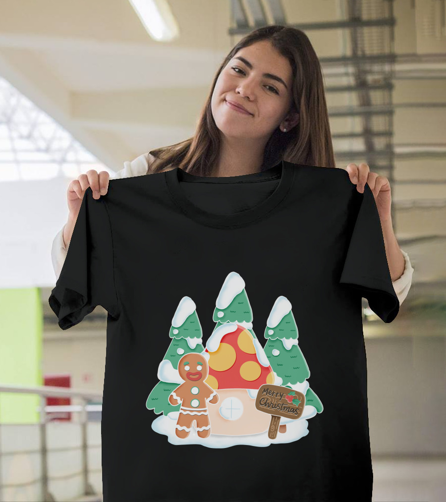 Merry Christmas Gingerman House With Snowy Trees And Mushroom Roof T-Shirt