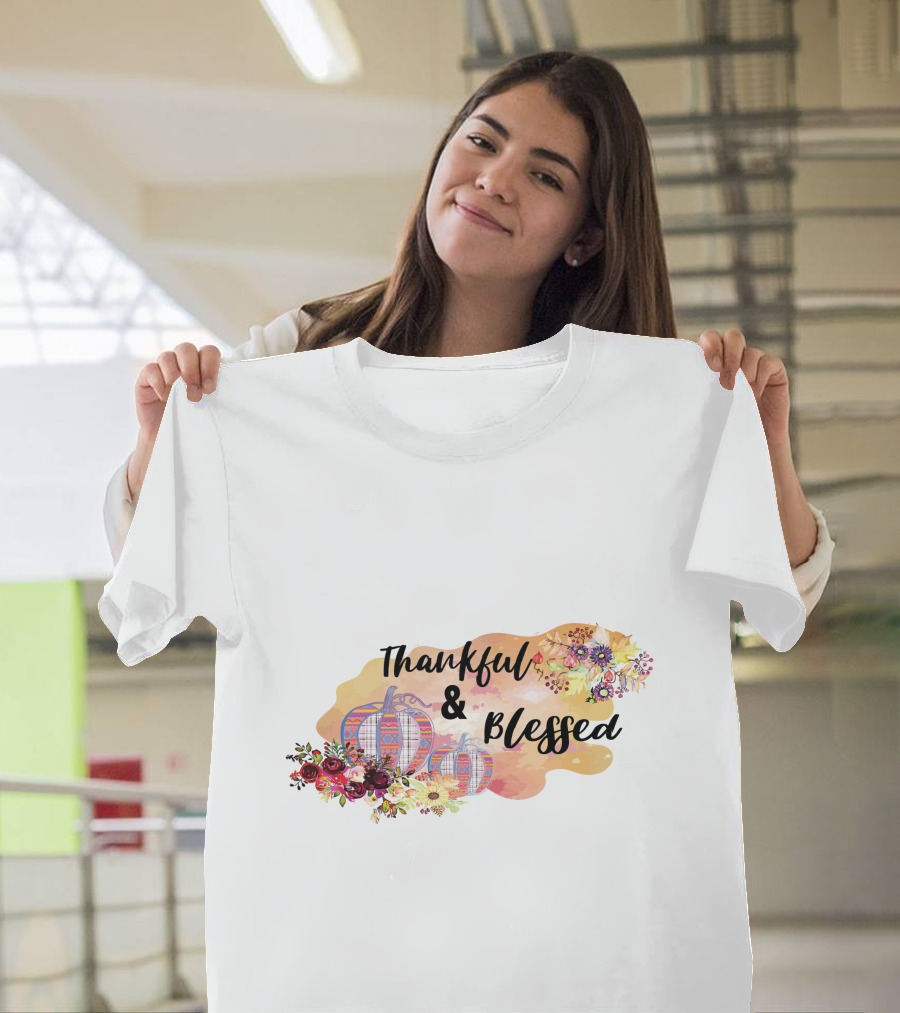 Thankful And Blessed Floral Watercolor Pumpkins T-Shirt