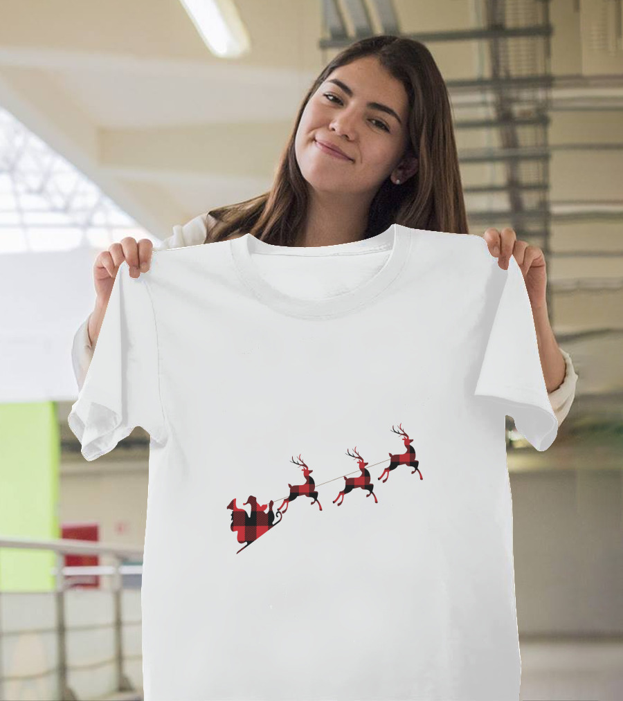 Buffalo Plaid Santa's Sleigh and Reindeers T-Shirt