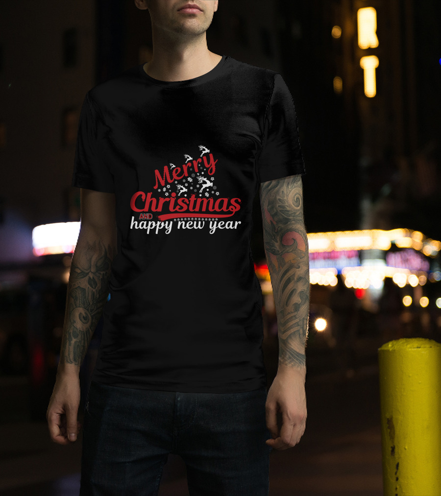 Merry Christmas And Happy New Year Reindeer Snowflakes T-Shirt