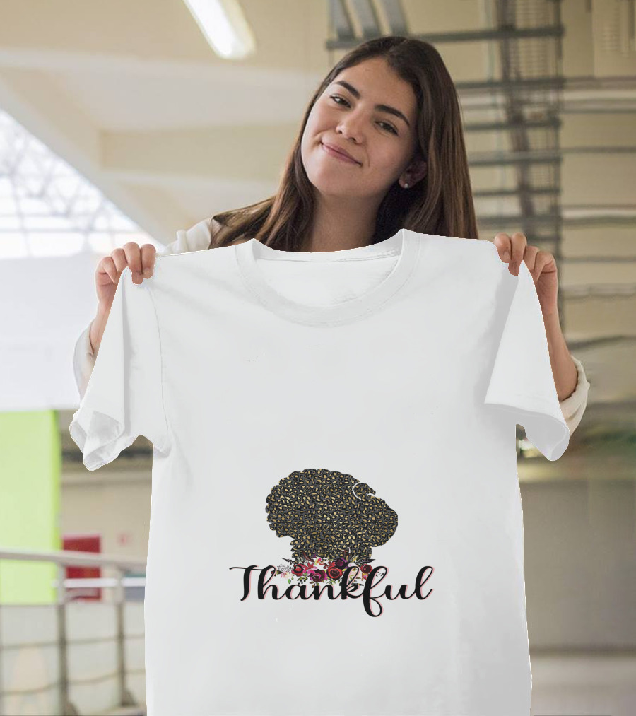 Thankful Leopard Print Turkey With Floral Accents T-Shirt