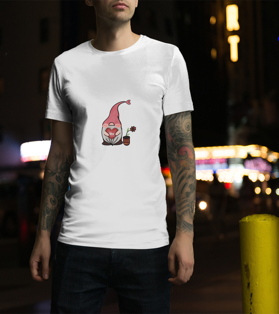 Love Heart Gnome With Flower Pot T-Shirt