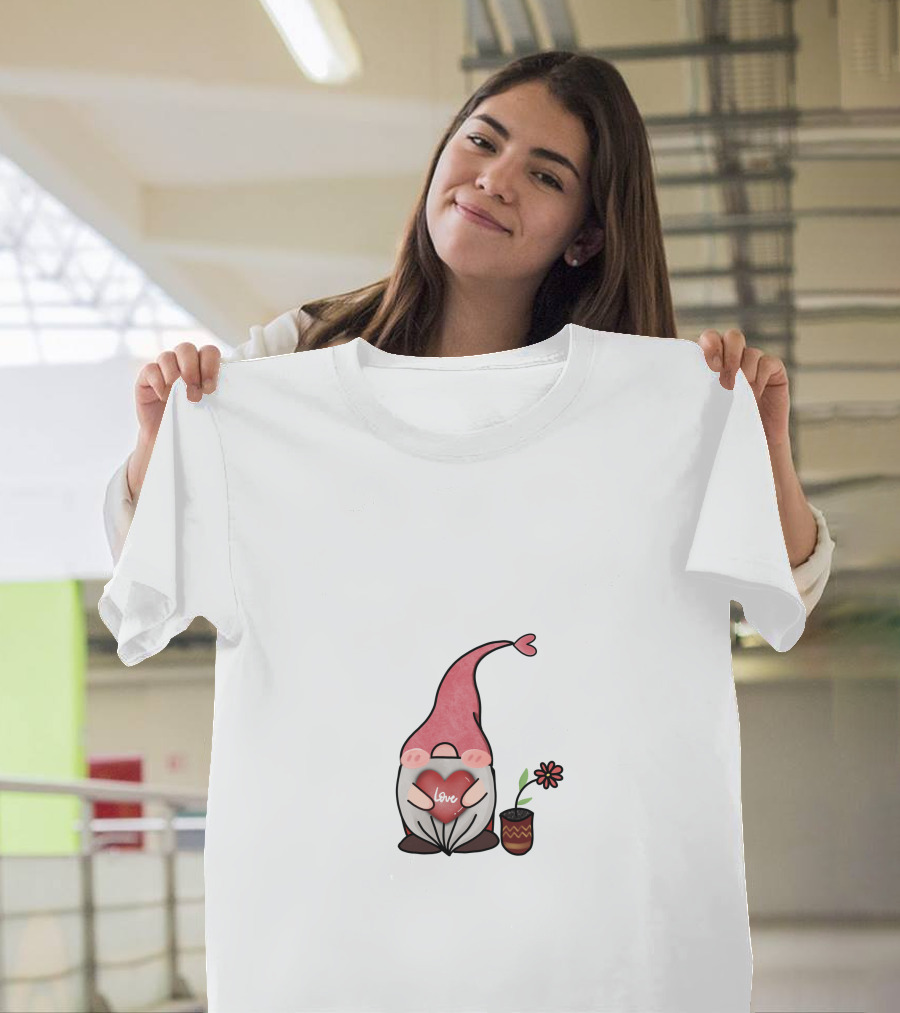 Love Heart Gnome With Flower Pot T-Shirt