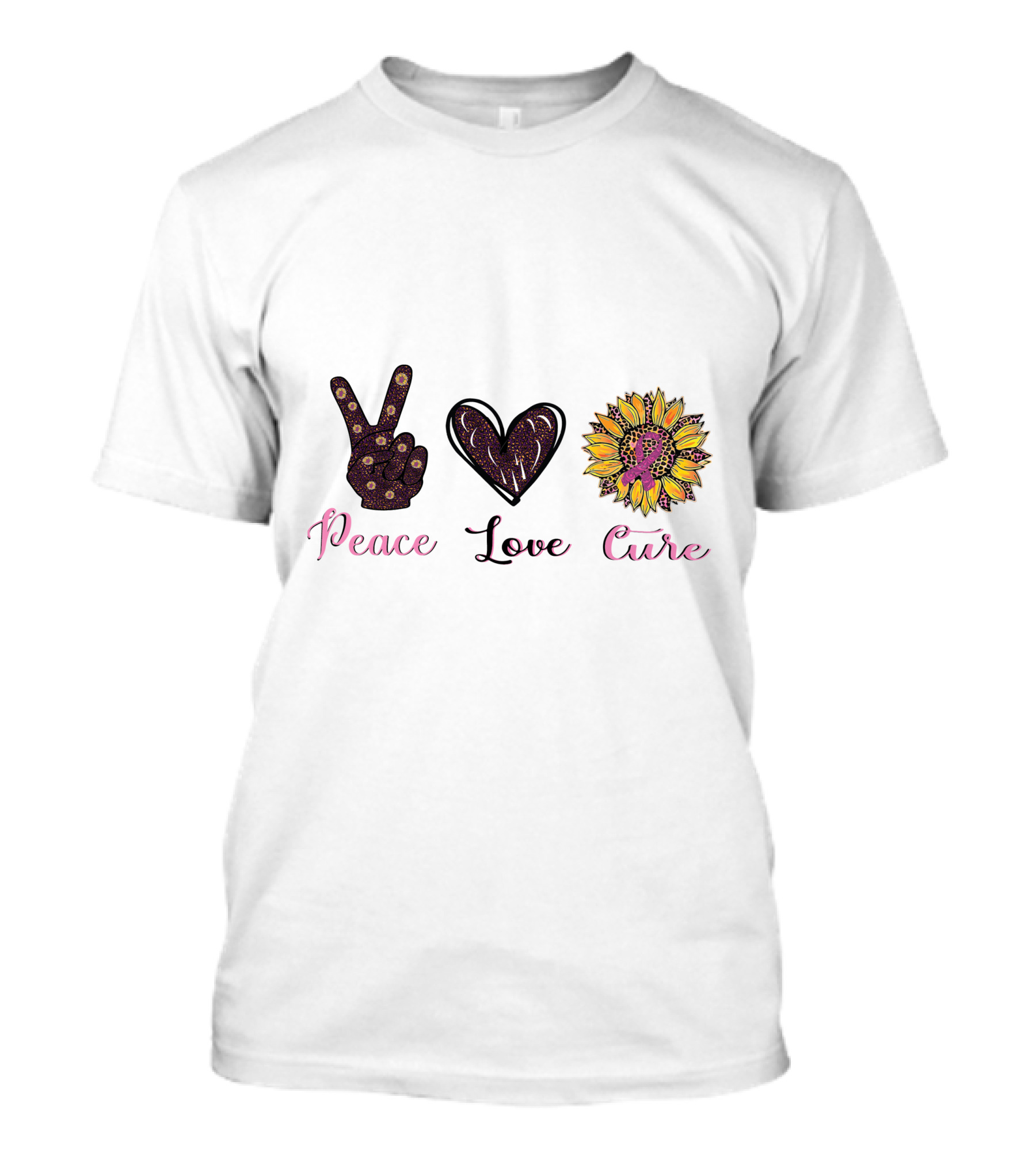 Peace Love Cure Breast Cancer Sunflower Heart And Peace Sign T-Shirt