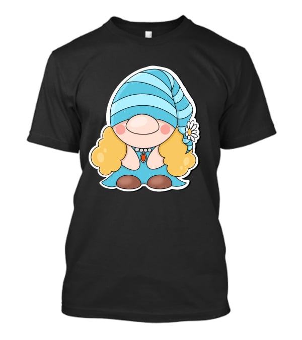 Gnome Sticker Blue Hat Daisy Blonde Hair Cute Comic T-Shirt