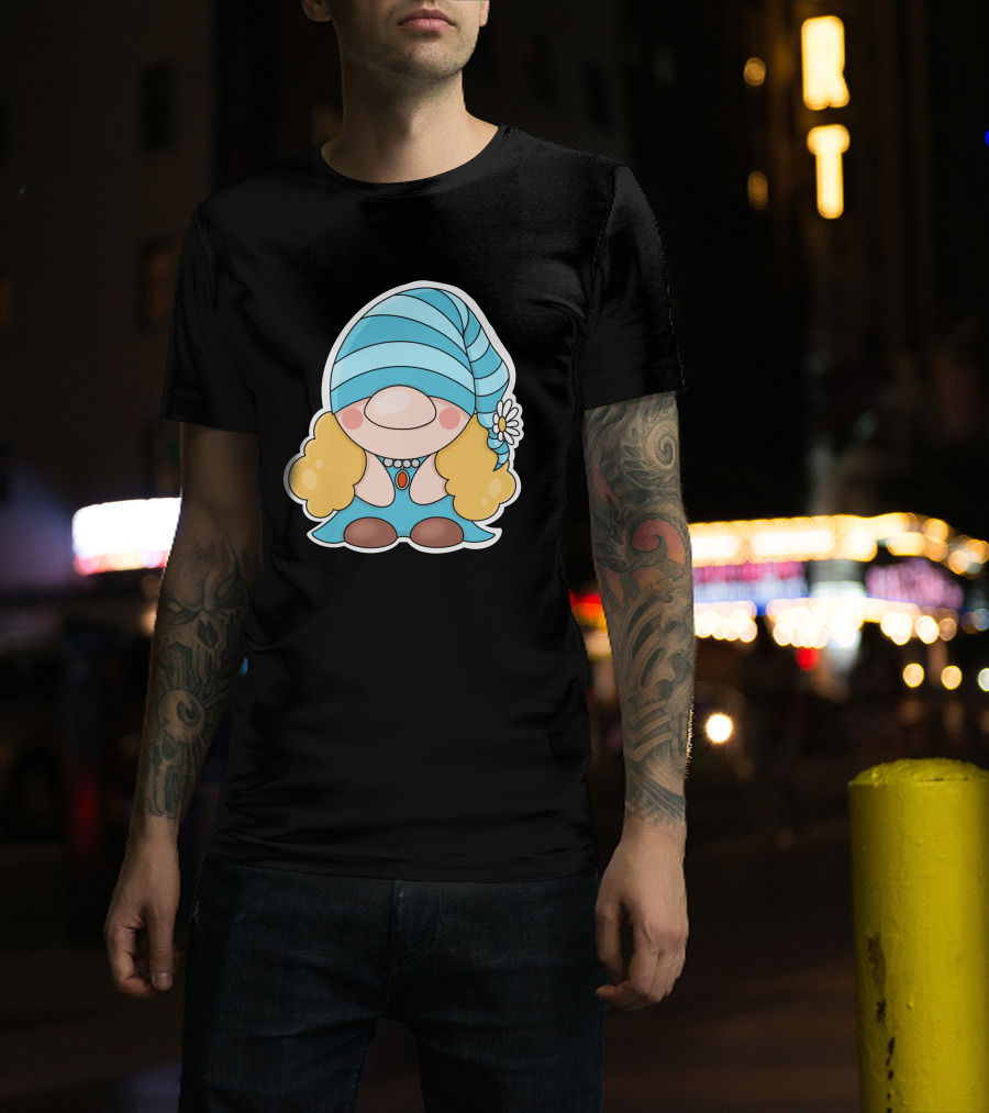 Gnome Sticker Blue Hat Daisy Blonde Hair Cute Comic T-Shirt