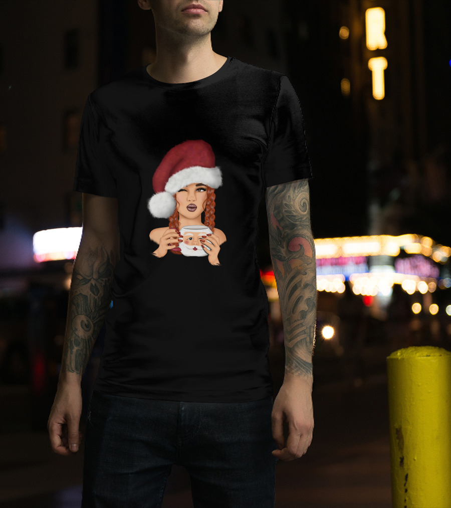Christmas Red Hair Girl With Santa Hat And Santa Mug T-Shirt