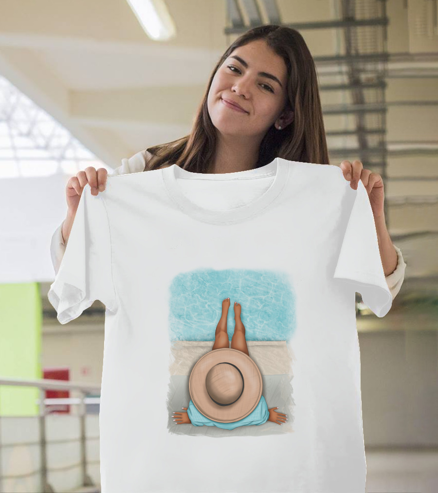 Afro Woman Relaxing by the Pool in Summer Hat T-Shirt