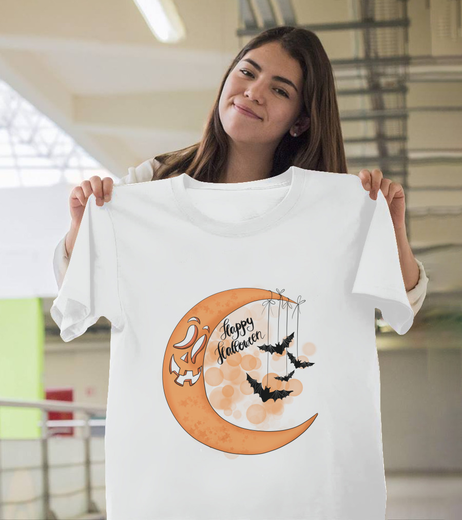 Happy Halloween Moon With Bats And Jack-O'-Lantern Face T-Shirt