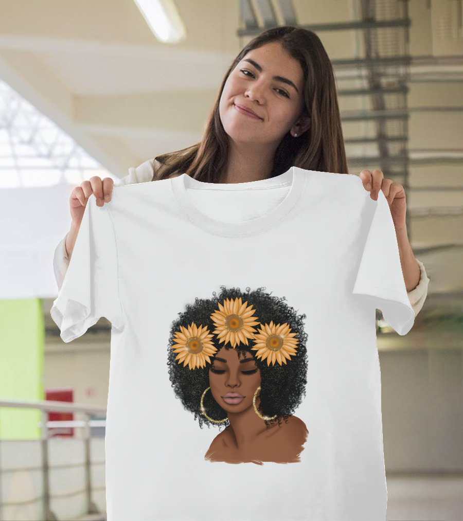 Afro Woman With Sunflowers And Hoop Earrings T-Shirt