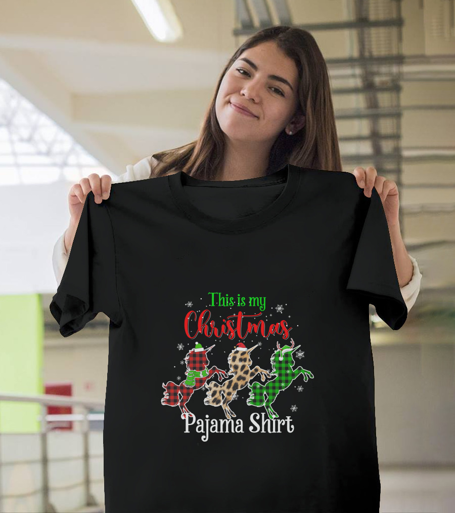 This Is My Christmas Pajama Shirt Unicorn Snowflakes Plaid Leopard T-Shirt