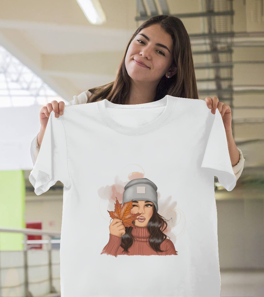 Autumn Girl Cozy Sweater and Beanie with Leaves T-Shirt