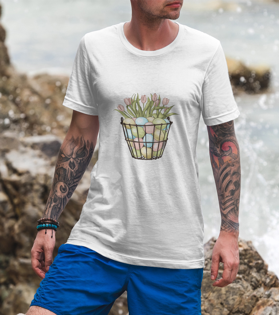 Easter Eggs And Tulips In Basket T-Shirt