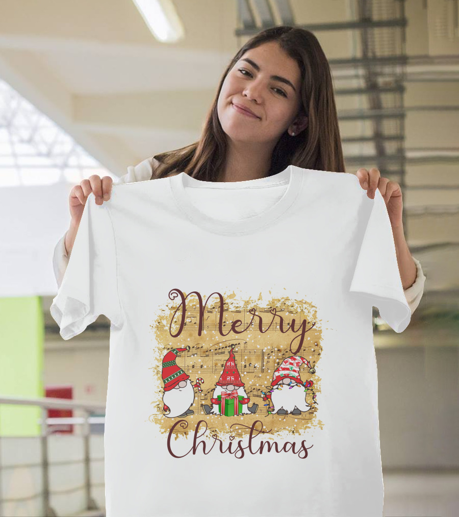 Merry Christmas Gnomies Holiday Music Sheet And Festive Gnomes T-Shirt
