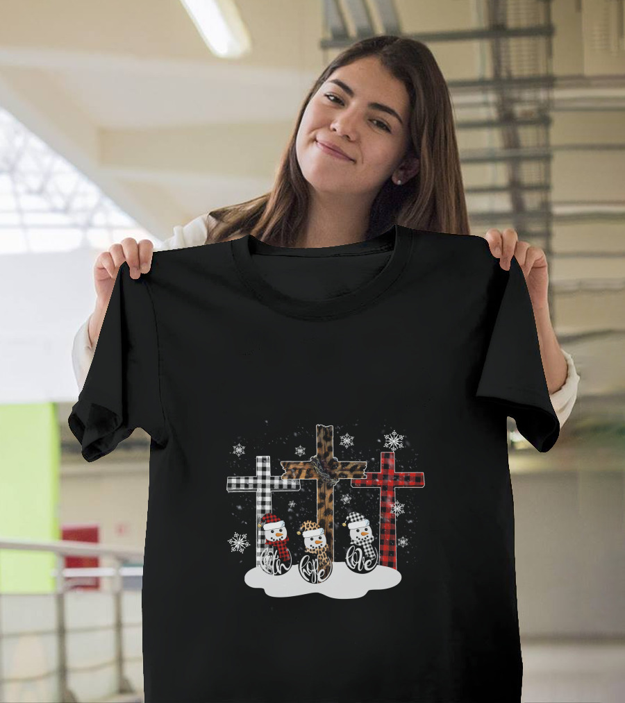 Leopard Plaid Snowman Faith Love Winter Crosses T-Shirt
