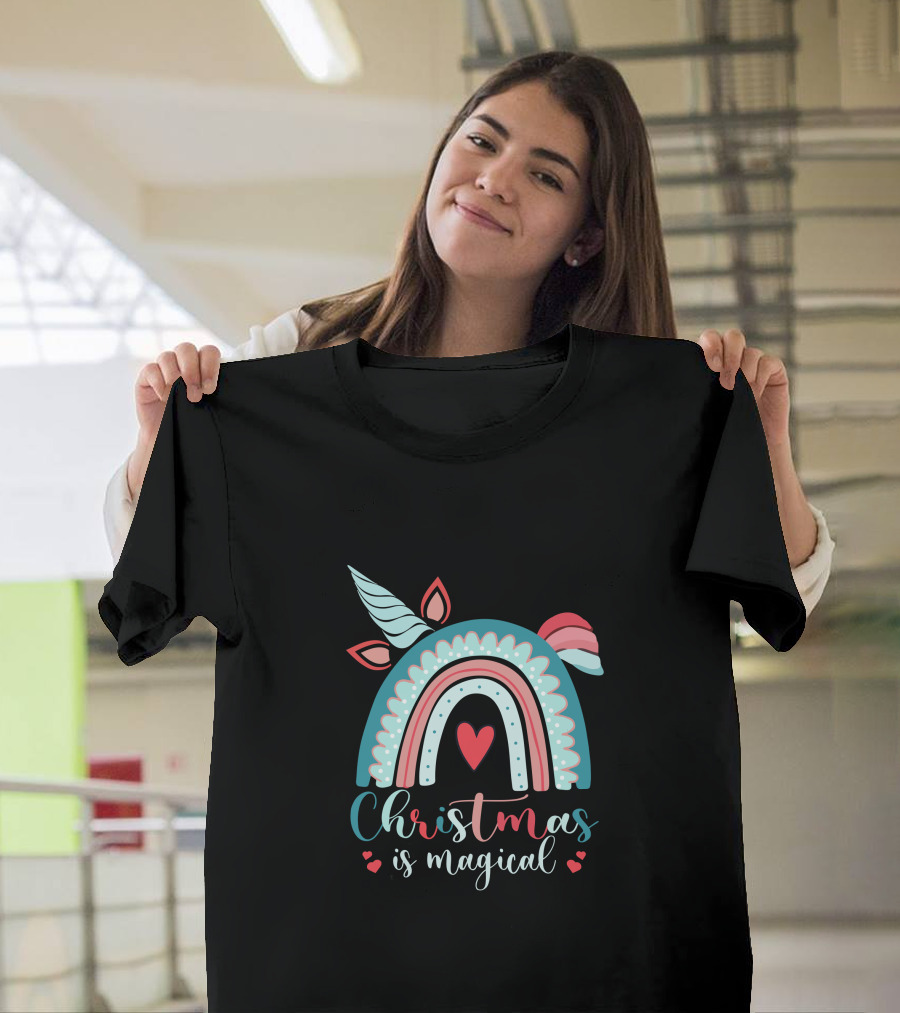 Christmas Is Magical Unicorn Rainbow Heart T-Shirt