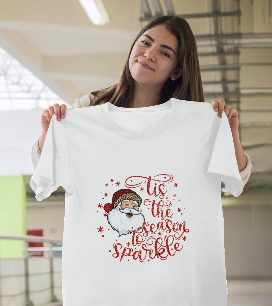 'Tis The Season To Sparkle Santa Hat Christmas Stars T-Shirt
