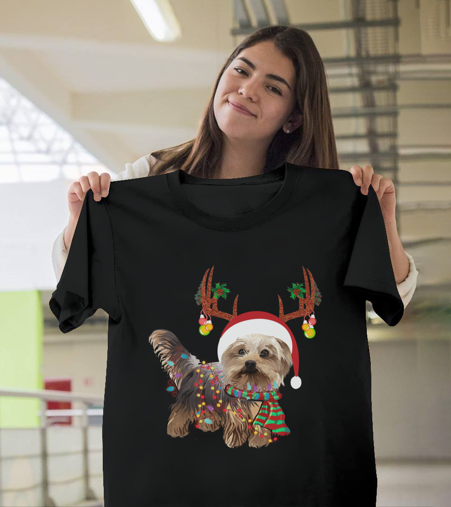 Christmas Cute Dog With Santa Hat And Reindeer Antlers T-Shirt