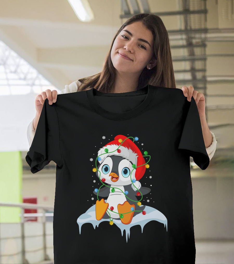 Baby Penguin Santa Christmas Lights Snowflakes T-Shirt