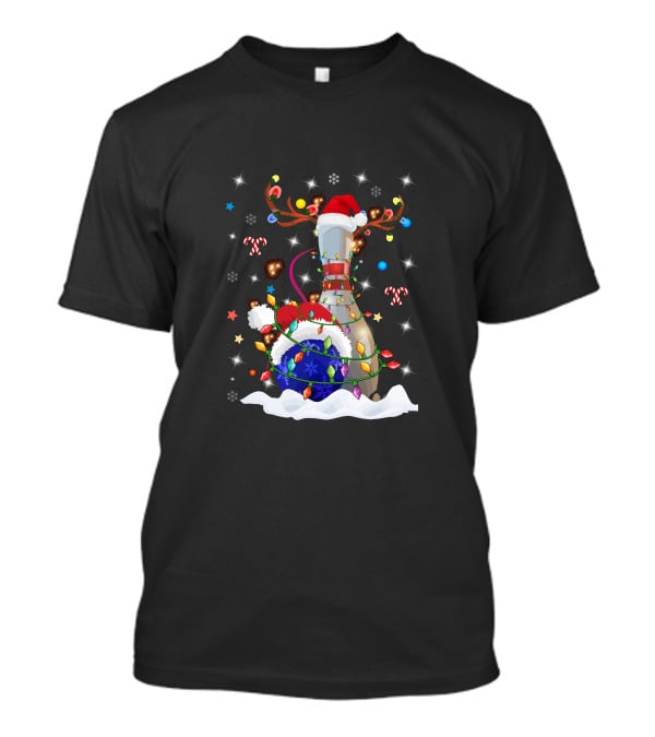 Christmas Bowling Pin With Lights And Santa Hats T-Shirt