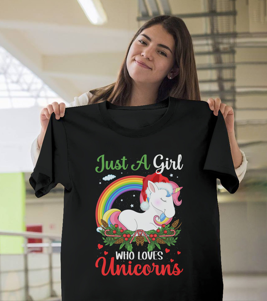 Just A Girl Who Loves Unicorns Rainbow Christmas Santa Hat T-Shirt
