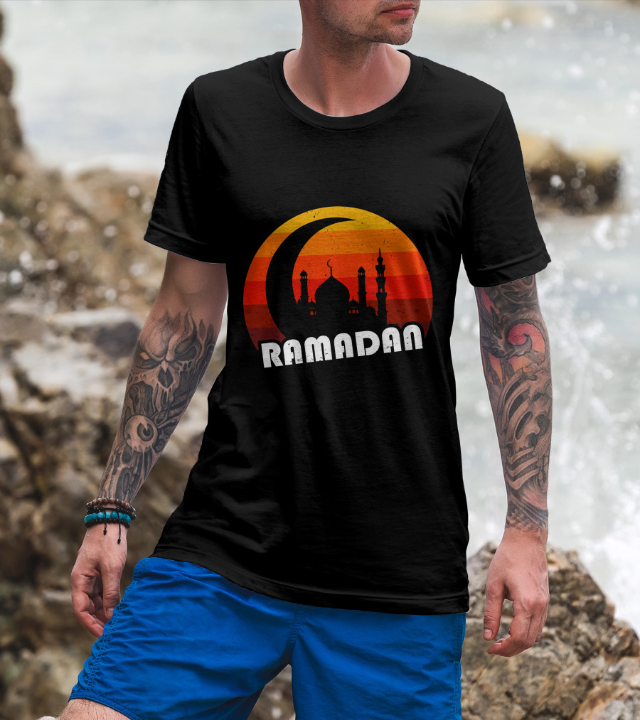 Ramadan Mosque Silhouette Crescent Moon Sunset Background T-Shirt