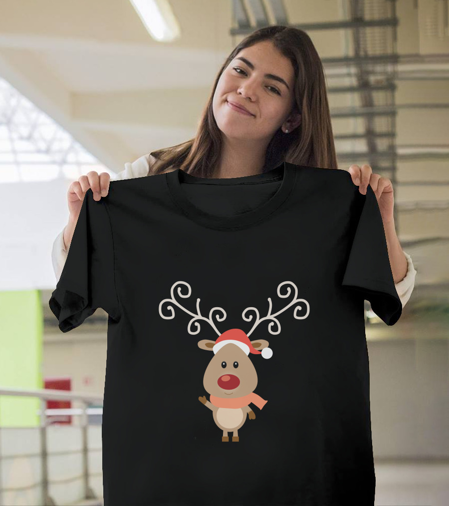 Christmas Reindeer Wear Scarf Cute Cartoon with Santa Hat T-Shirt