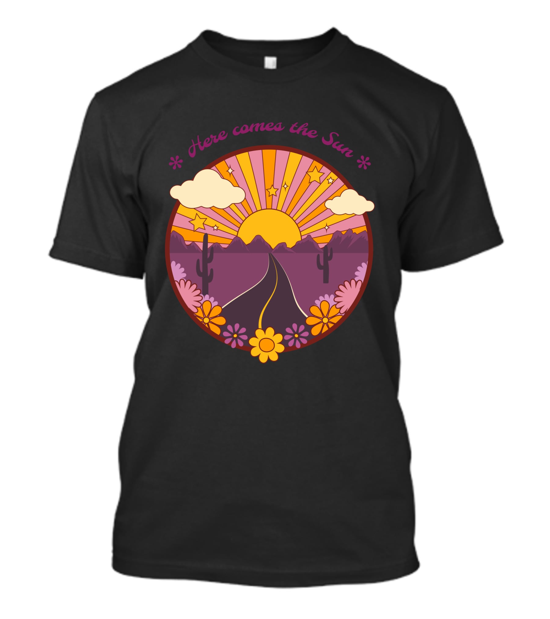 Here Comes The Sun Groovy Sunburst Desert Road With Flowers And Stars T-Shirt