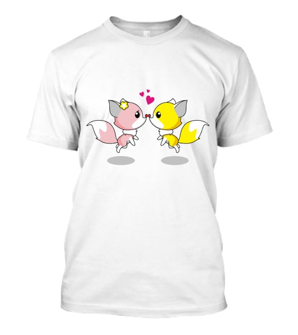 Cute Foxes In Love Kissing Hearts Blossom Yellow Pink Foxes T-Shirt