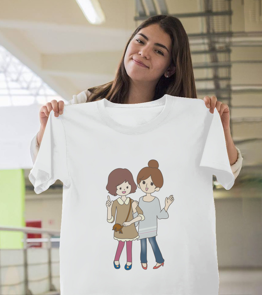 Happy Best Friends Cute Cartoon Style Duo with Bag T-Shirt