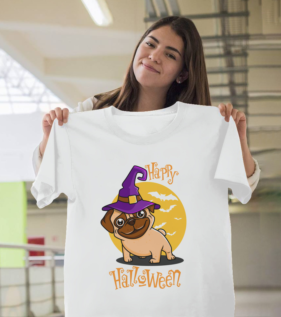 Happy Halloween Dog Witch Hat Full Moon Bats T-Shirt